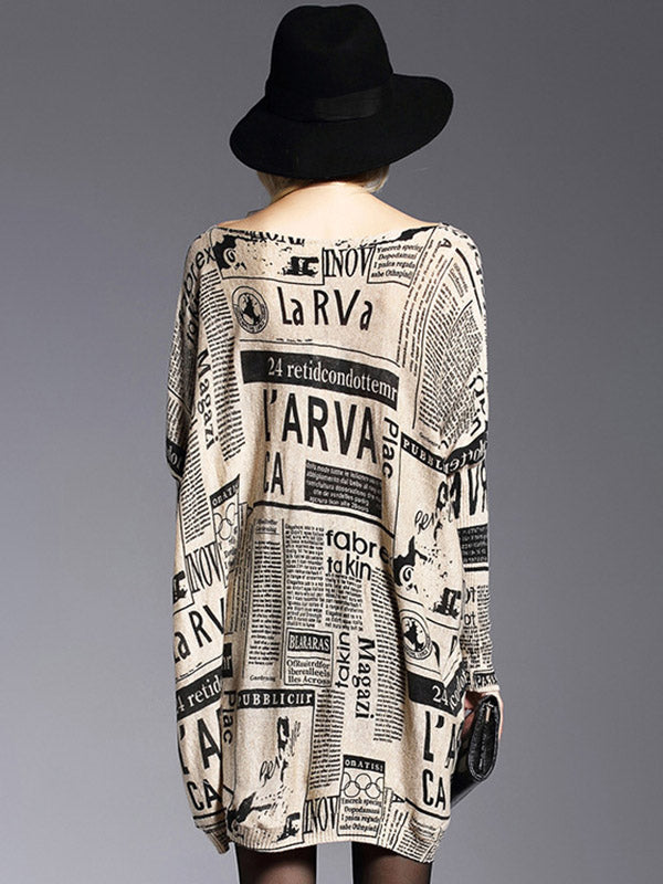 Olivia Bennet | Vintage Loose One-Shoulder Newspaper Printed Split-Joint Sweater