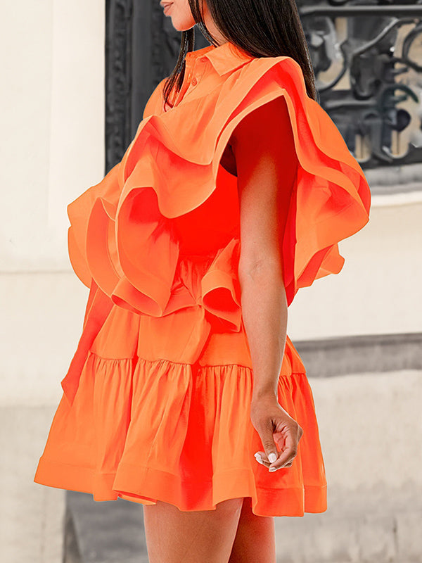 Olivia Bennet | A-Line High Waisted Buttoned Pleated Ruffled Solid Color Tied Waist Lapel Mini Dresses
