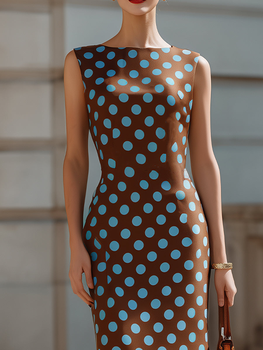 Olivia Bennet | Brown & Light Blue Polka Dot Sleeveless Sheath Midi Dress