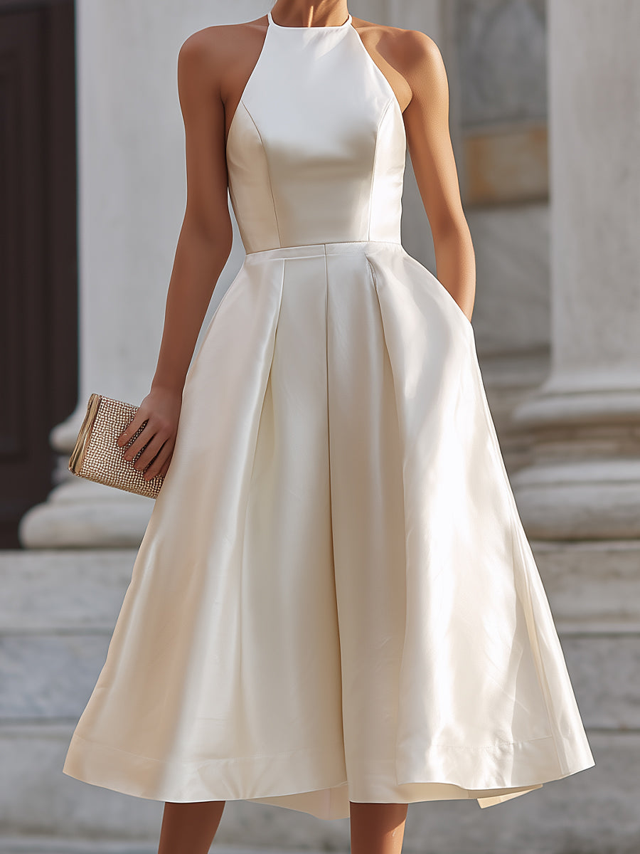 Olivia Bennet | Ivory Halter-Neck Pleated Chiffon Dress