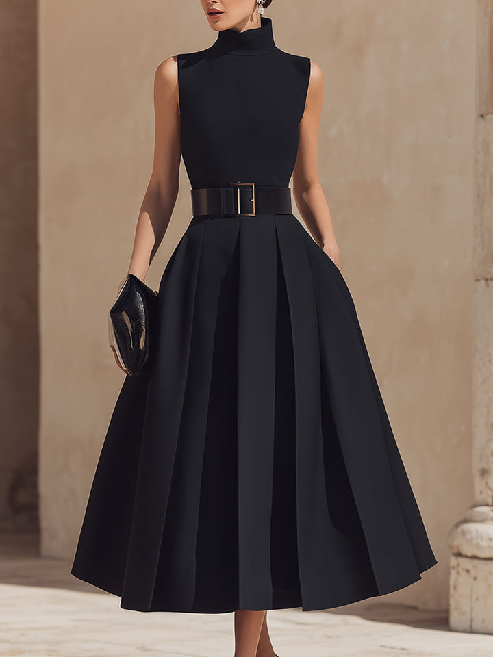 Olivia Bennet | Belted High-Neck Pleated Maxi Dress