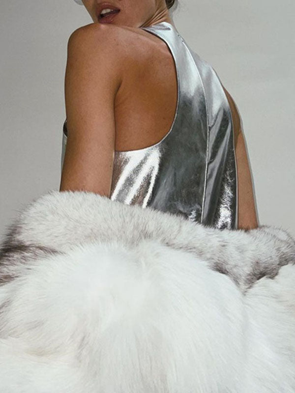 Olivia Bennet | A-line Loose Shiny Solid Color Zipper Round-neck Mini Dresses