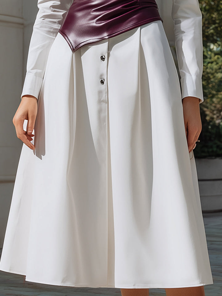 Olivia Bennet | White & Wine-Red Sculpted Corset Leather Shirt Dress Set