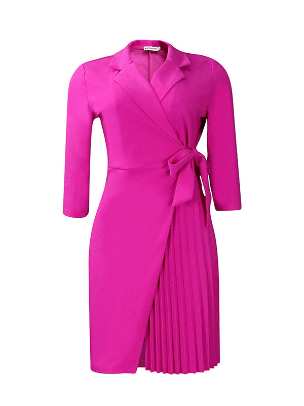 Olivia Bennet | Three-Quarter Sleeves Pleated Solid Color Split-Front Tied Waist V-Neck Mini Dresses