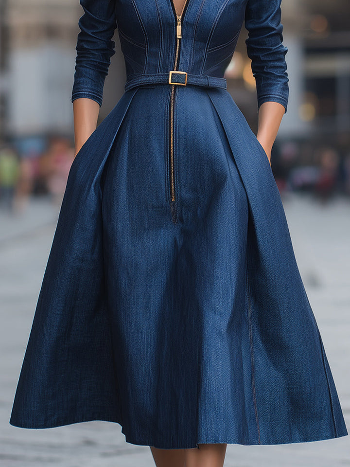 Olivia Bennet | Zippered Belted Denim Midi Dress