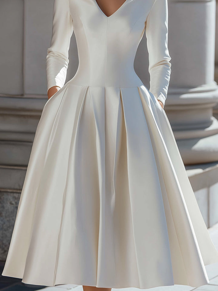 Olivia Bennet | V-Neck Pleated A-Line Satin Midi Dress