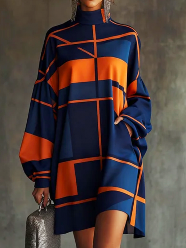 Olivia Bennet | Long Sleeves Loose Contrast Color Pleated Pockets Split-Joint Zipper High Neck Mini Dresses