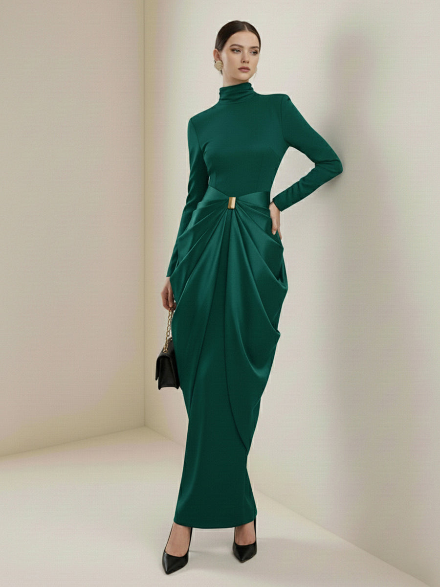 Olivia Bennet | Long Sleeves Buckle Draped High-Neck Evening Dresses Maxi Dresses