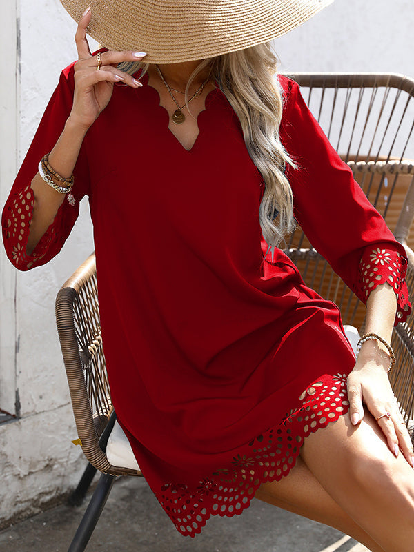 Olivia Bennet | A-Line Loose Hollow Solid Color V-Neck Mini Dresses