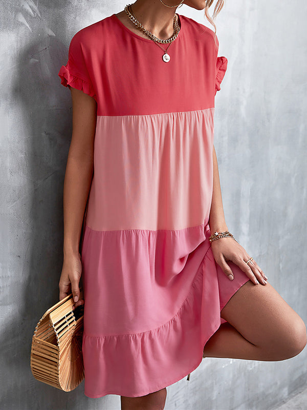 Olivia Bennet | Loose Ruffle Sleeves Contrast Color Falbala Pleated Split-Joint Round-Neck Mini Dresses