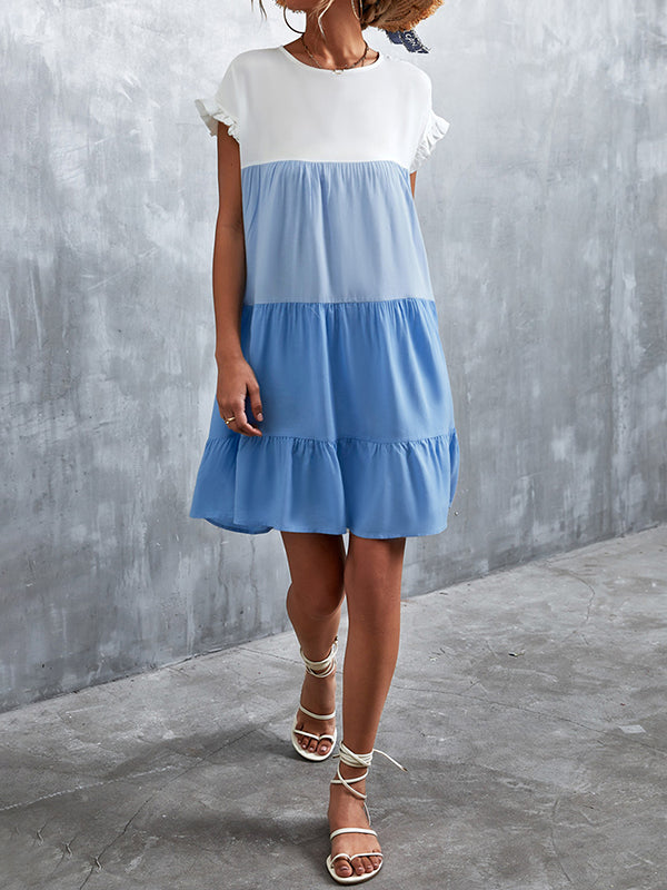 Olivia Bennet | Loose Ruffle Sleeves Contrast Color Falbala Pleated Split-Joint Round-Neck Mini Dresses