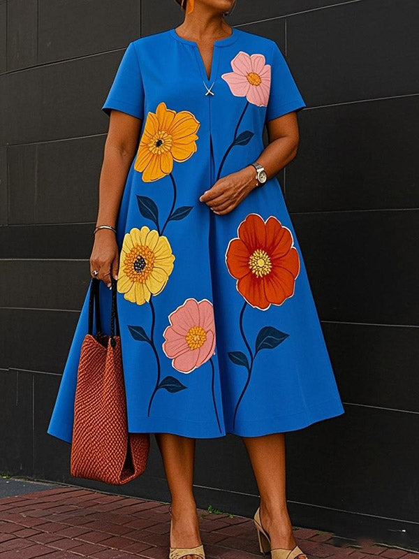 Olivia Bennet | A-Line Loose Flower Print V-Neck Midi Dresses