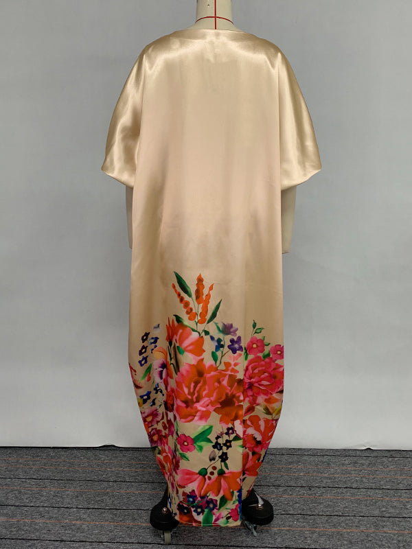 Olivia Bennet | A-Line Half Sleeves Elasticity Flower Print Split-Front V-Neck Maxi Dresses