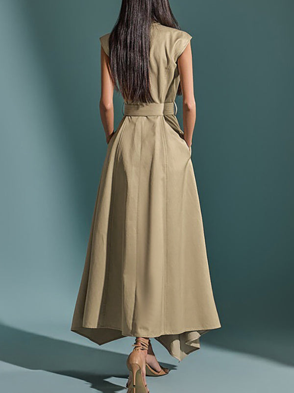 Olivia Bennet | A-Line High Waisted Belted Buttoned Pockets Solid Color Round-Neck Maxi Dresses
