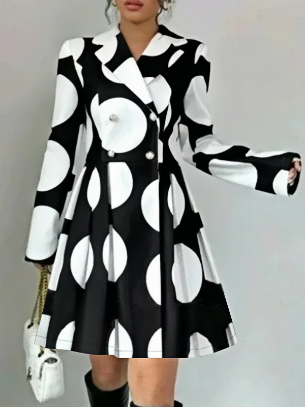 Olivia Bennet | A-line High Waisted Buttoned Contrast Color Pleated Polka-Dot Lapel Mini Dresses