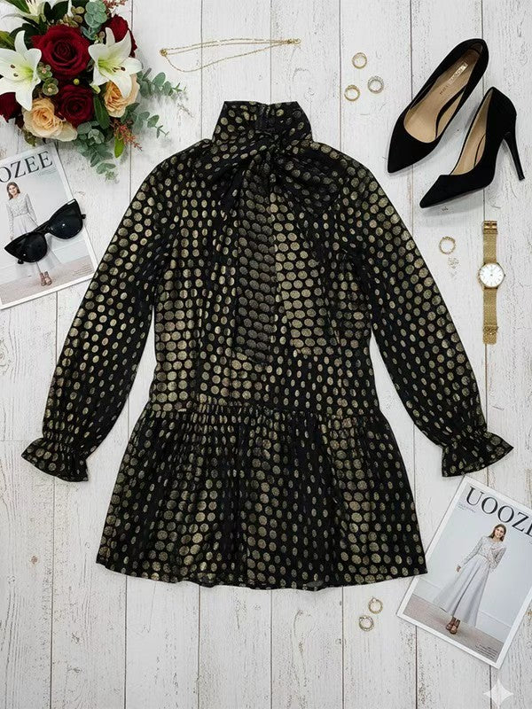 Olivia Bennet | Long Sleeves Puff Sleeves Pleated Polka Dot Shiny Split-Joint High Neck Mini Dresses