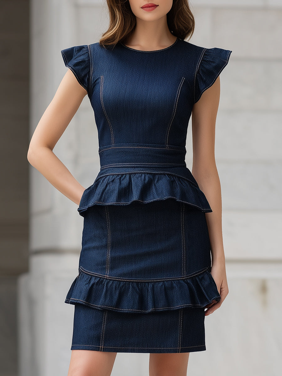 Olivia Bennet | Indigo Structured Ruffled Peplum Denim Dress