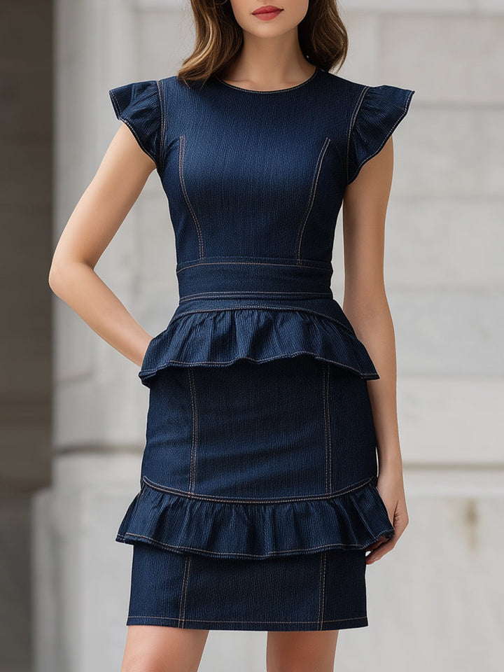 Olivia Bennet | Indigo Structured Ruffled Peplum Denim Dress