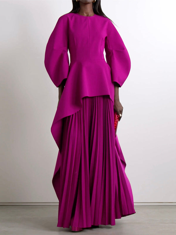 Olivia Bennet | Long Sleeves Loose Pleated Solid Color Split-Joint Tiered Round-Neck Maxi Dresses