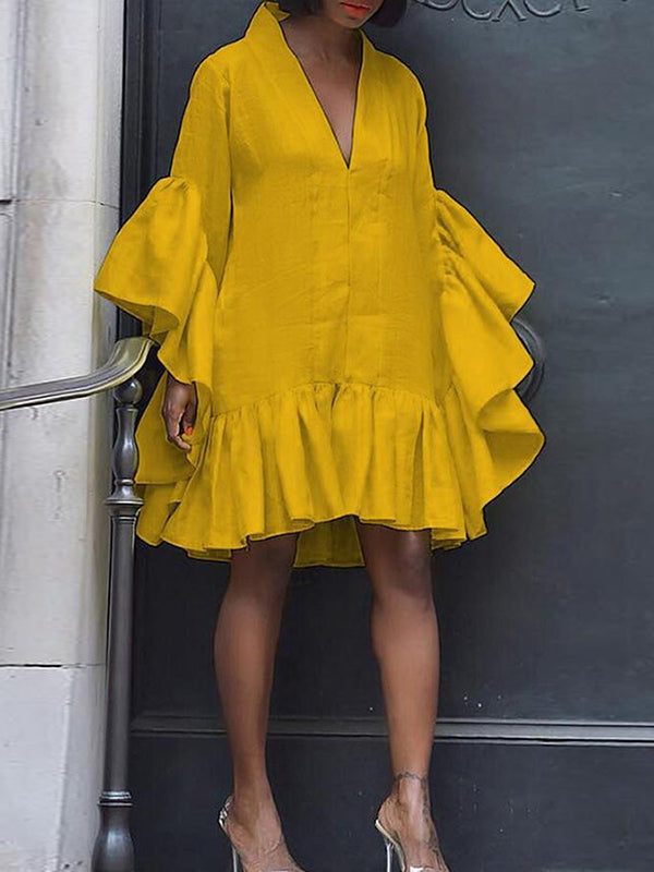 Olivia Bennet | Flared Sleeves Loose Pleated Solid Color Split-Joint V-Neck Mini Dresses
