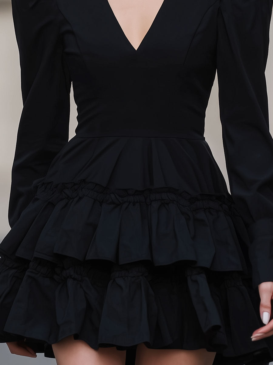 Olivia Bennet | Black Puff-Sleeve Tiered Mini Dress
