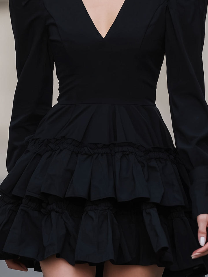Olivia Bennet | Black Puff-Sleeve Tiered Mini Dress