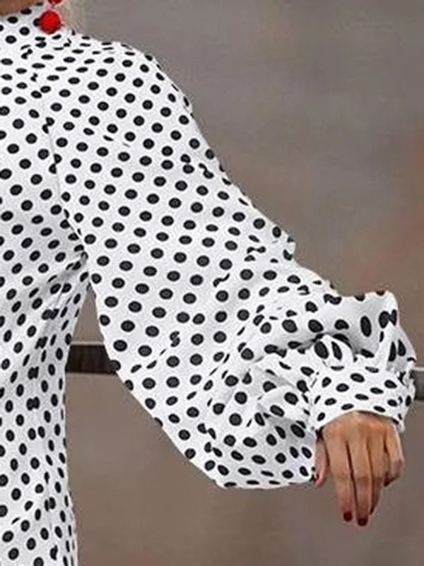 Olivia Bennet | Loose Puff Sleeves Pleated Polka-Dot Split-Joint High Neck Mini Dresses Shirt Dress