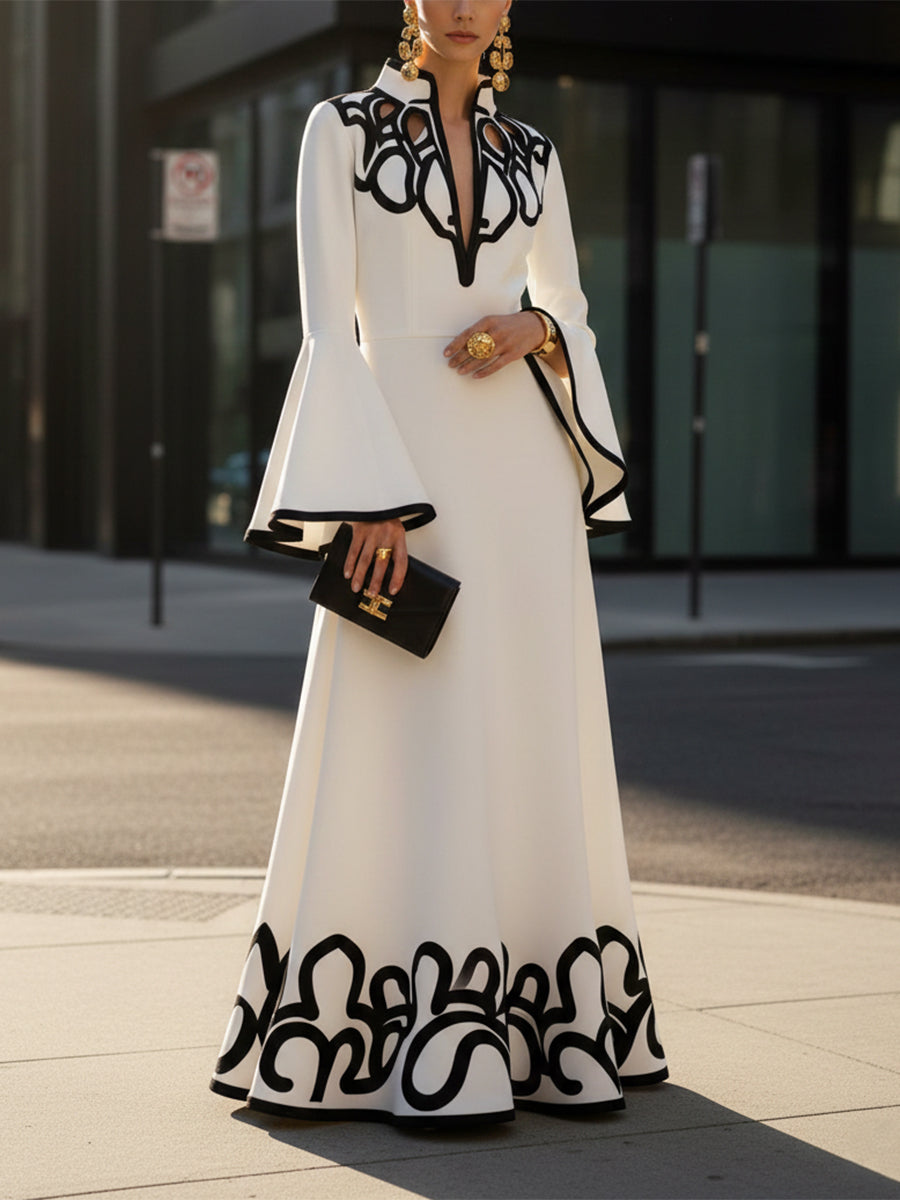 Olivia Bennet | A-Line Flared Sleeves Abstract Printed Contrast Color Hollow Line Split-Joint Stand Collar Maxi Dresses