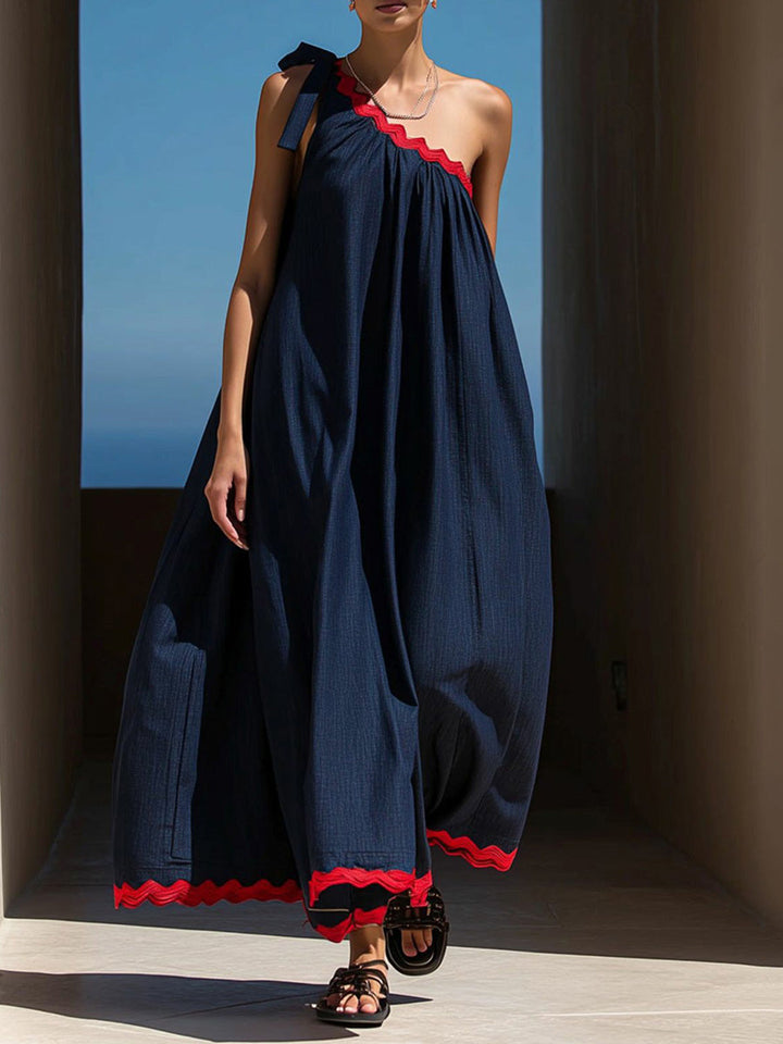 Olivia Bennet | A-Line Loose Pleated Pockets Split-Joint Tied One-Shoulder Maxi Dresses