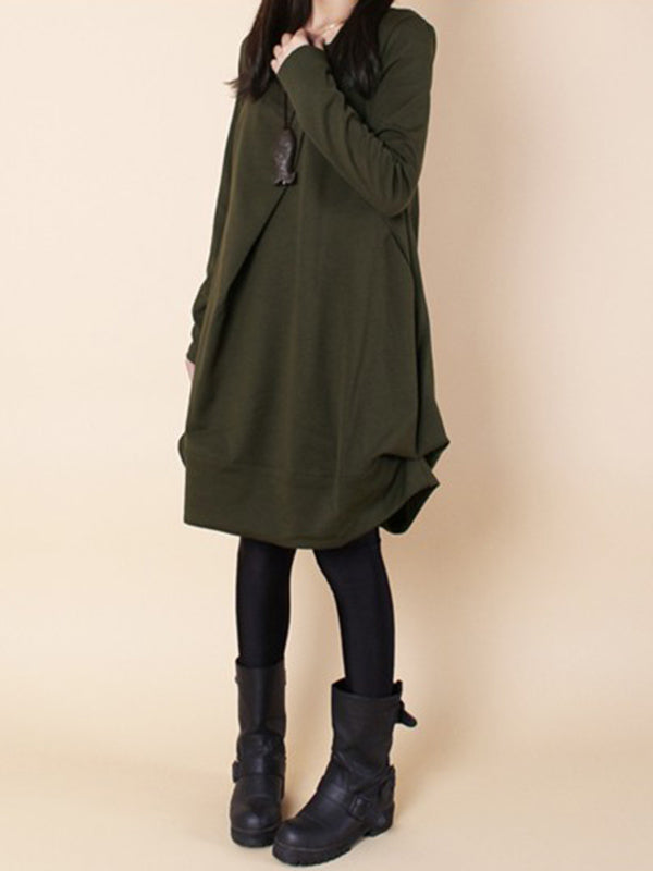 Olivia Bennet | A-line Long Sleeves Pleated Solid Color Round-neck Dresses Maxi Dresses