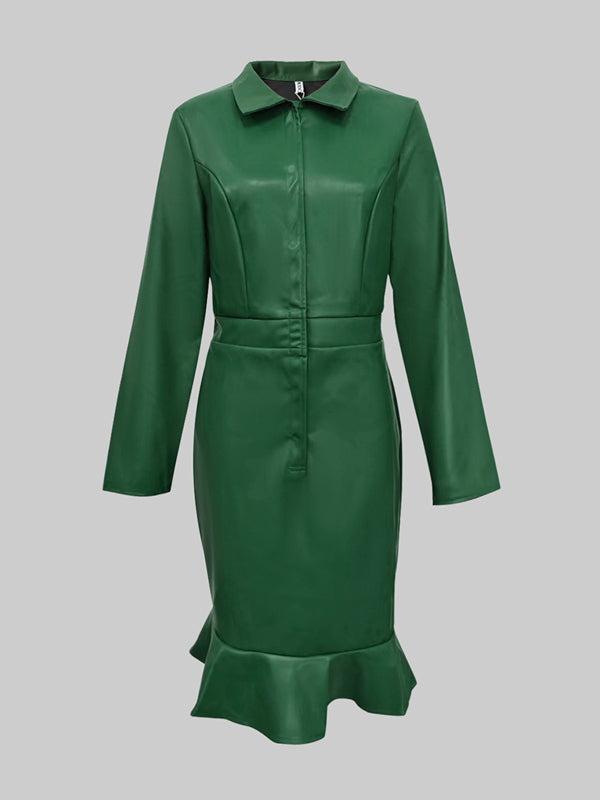 Olivia Bennet | Bodycon Long Sleeves Buttoned Elasticity Ruffle Trim Solid Color Split-Joint Lapel Midi Dresses