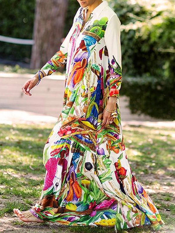 Olivia Bennet | Long Sleeves Loose Asymmetric Printed Split-Joint Lapel Maxi Dresses Shirt Dress