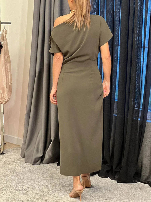 Olivia Bennet | Raglan Sleeve Asymmetric Pleated Split-Front Split-Joint One-Shoulder Evening Dresses Maxi Dresses