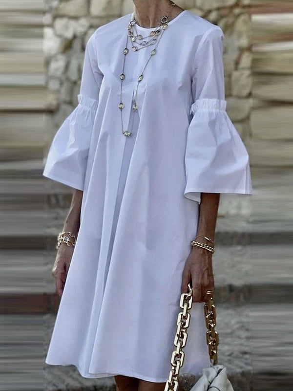 Olivia Bennet | Flared Sleeves Half Sleeves Solid Color Round-Neck Mini Dresses