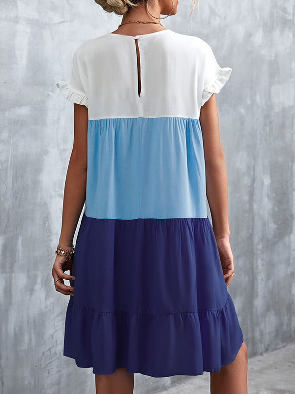 Olivia Bennet | Loose Ruffle Sleeves Contrast Color Falbala Pleated Split-Joint Round-Neck Mini Dresses