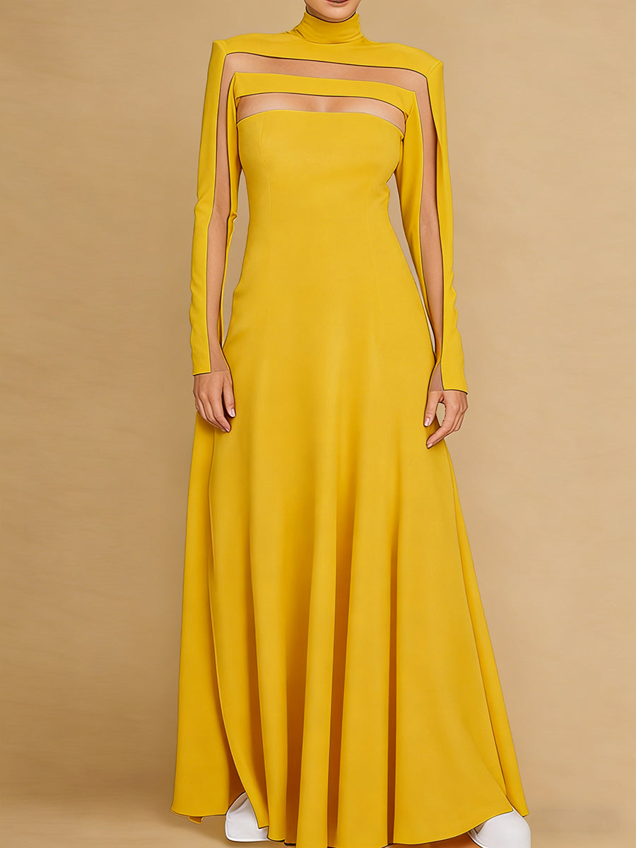 Olivia Bennet | A-Line Long Sleeves Split-Joint High Neck Maxi Dresses