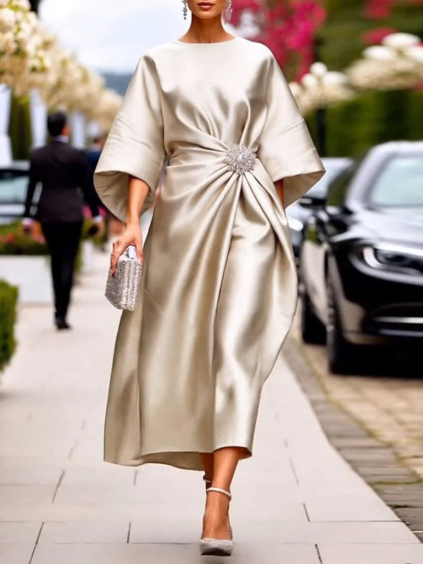 Olivia Bennet | Loose Three-Quarter Sleeves Asymmetric Pleated Split-Joint Round-Neck Maxi Dresses