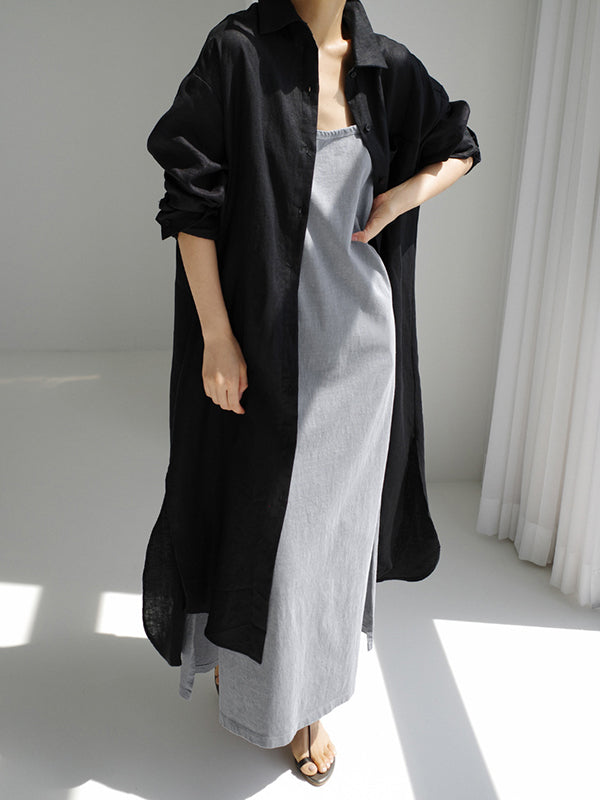 Olivia Bennet | Simple Long Sleeves Split-Side Solid Color Lapel Midi Dresses Shirt Dress