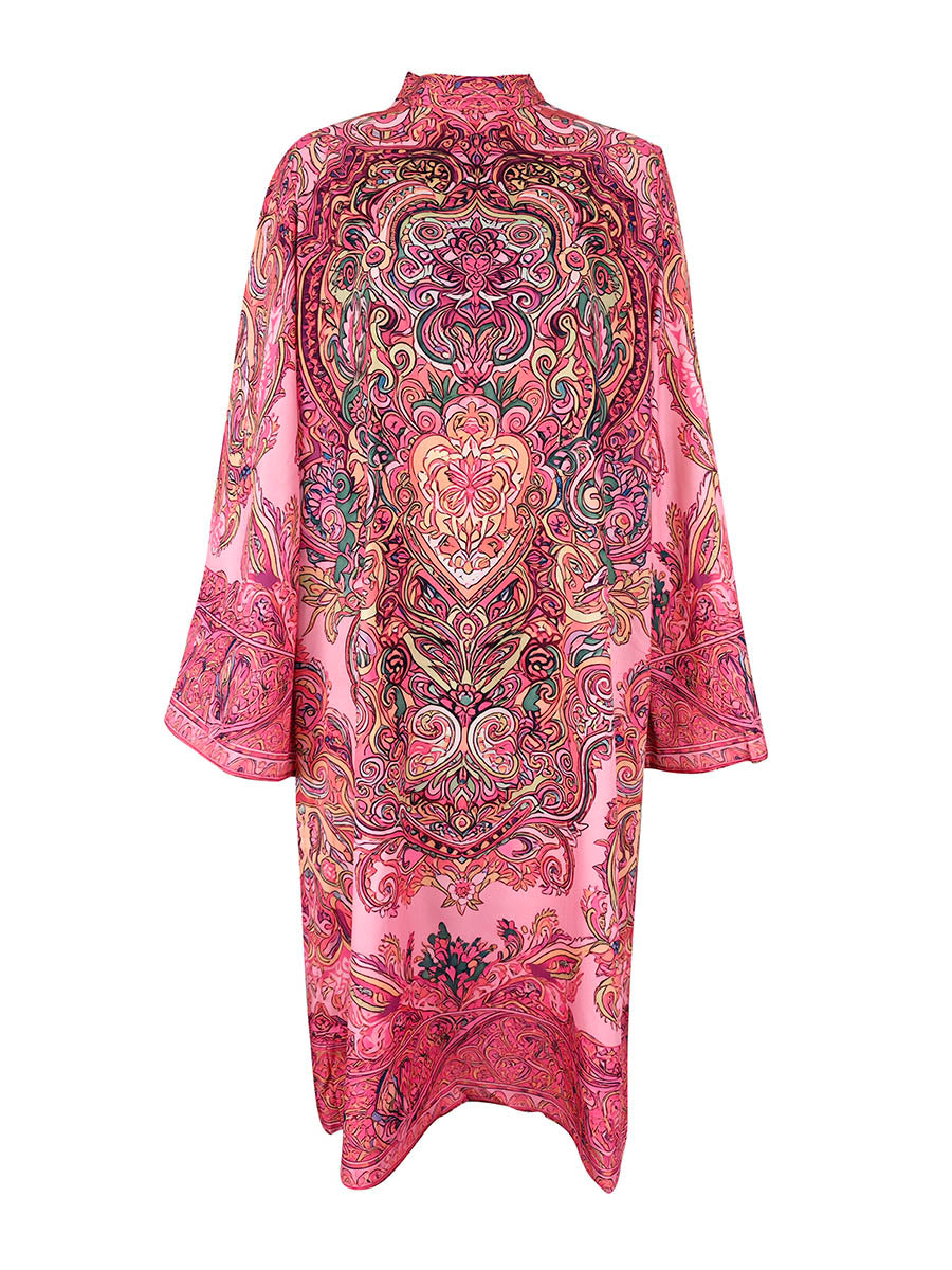 Olivia Bennet | Long Sleeves Loose Contrast Color Printed Mock Neck Midi Dresses