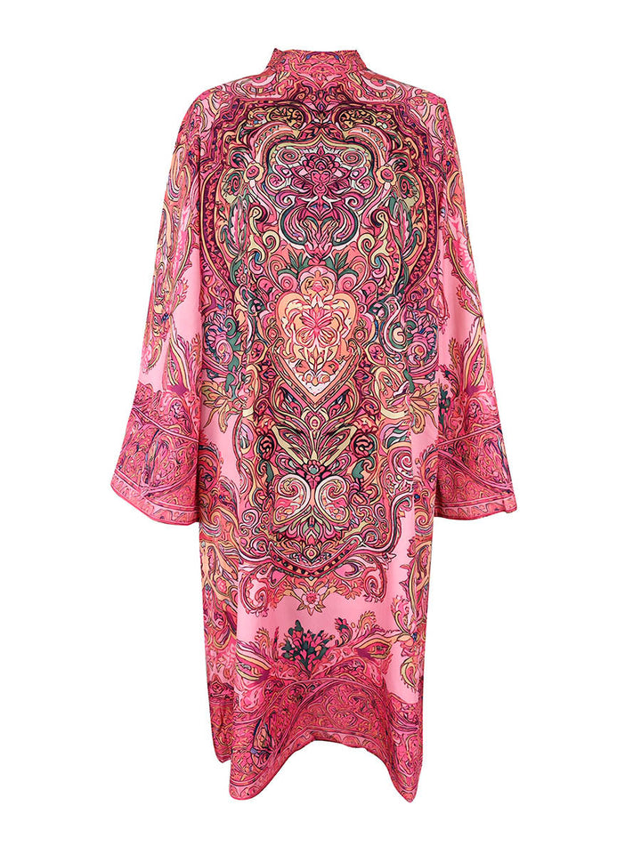 Olivia Bennet | Long Sleeves Loose Contrast Color Printed Mock Neck Midi Dresses