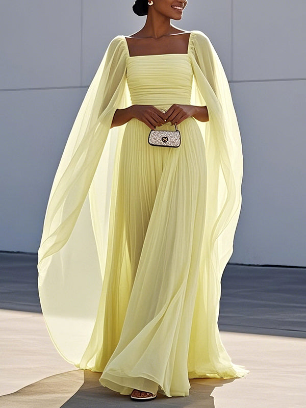 Olivia Bennet | Cape Gauze Pleated Split-Joint Square-Neck Evening Dresses Maxi Dresses