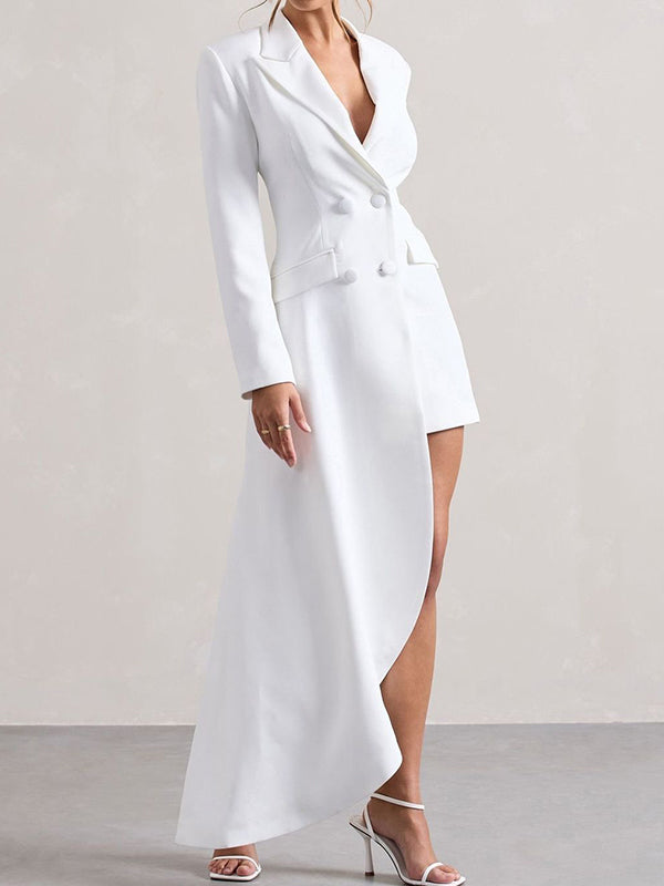 Olivia Bennet | Long Sleeves Asymmetric Buttoned Pockets Solid Color Notched Collar Blazer Maxi Dress