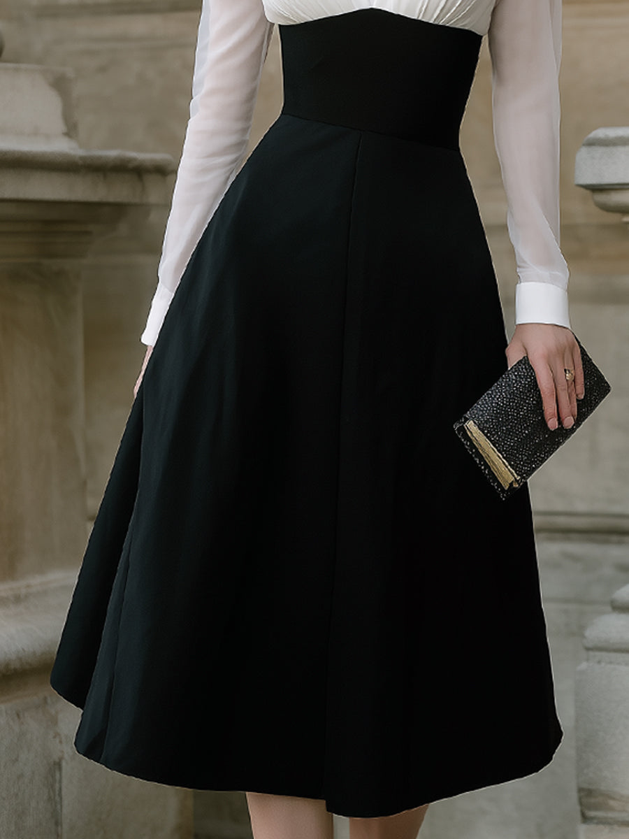 Olivia Bennet | Contrast Bodice, Sheer-Sleeve Mixed-Fabric A-Line Midi Dress