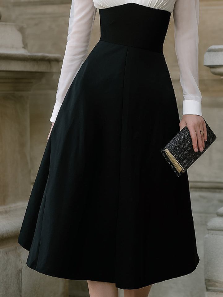 Olivia Bennet | Contrast Bodice, Sheer-Sleeve Mixed-Fabric A-Line Midi Dress