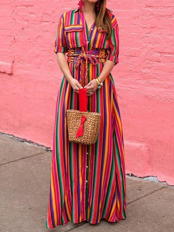 Olivia Bennet | Long Sleeves Loose Split-Joint Striped Lapel Maxi Dresses Shirt Dress
