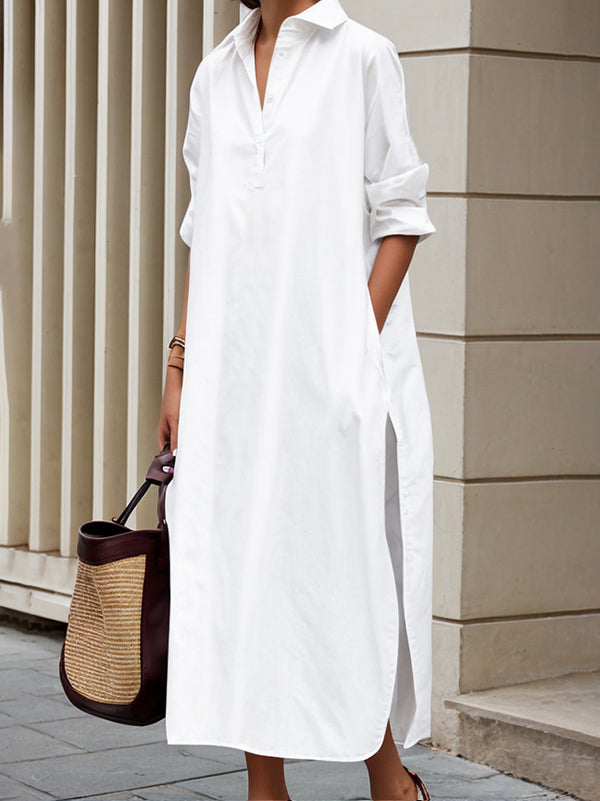Olivia Bennet | A-Line Long Sleeves Buttoned Pockets Solid Color Split-Side Lapel Midi Shirt Dresses