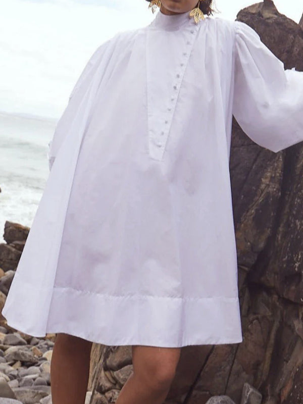 Olivia Bennet | Long Sleeves Loose Buttoned Solid Color Stand Collar Mini Dresses Shirt Dress