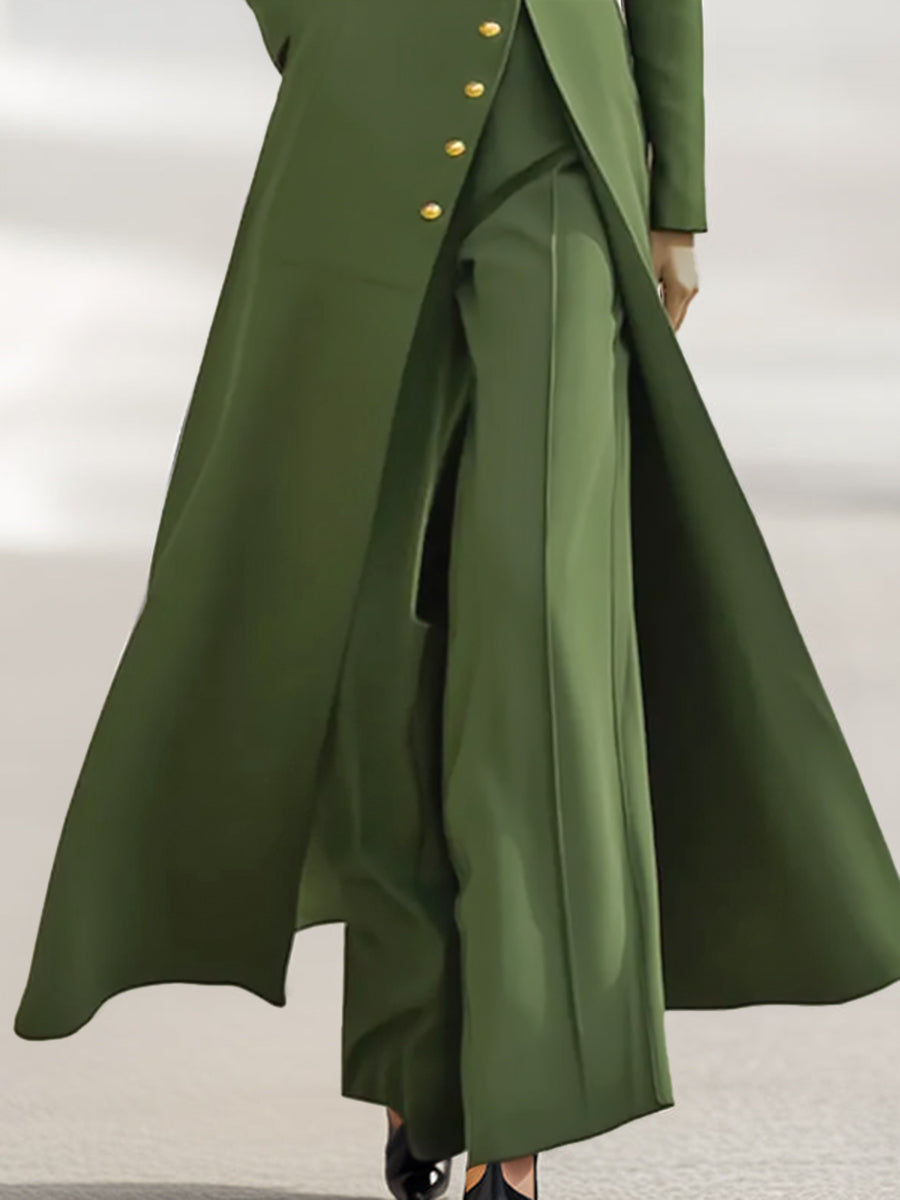 Olivia Bennet | High Waisted Long Sleeves Buttoned Solid Color Split-Front Round-Neck Midi Dresses