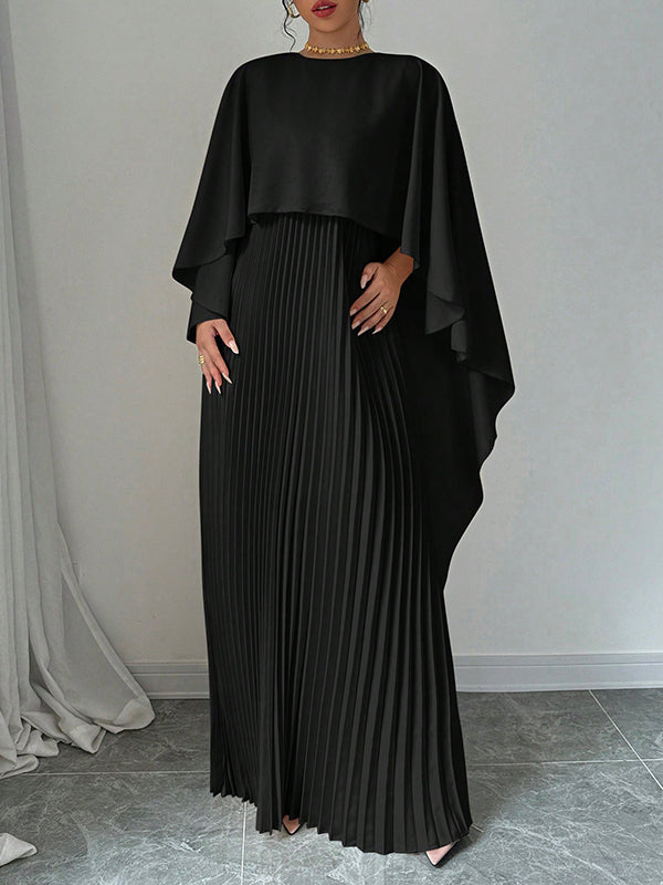 Olivia Bennet | Cape High-Low Pleated Solid Color Split-Joint Round-Neck Evening Dresses Maxi Dresses