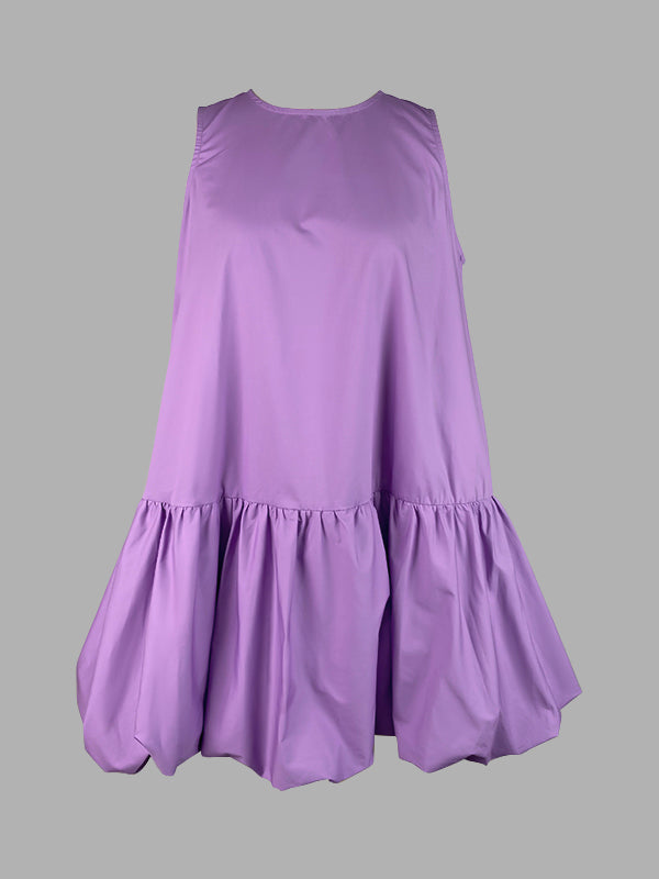 Olivia Bennet | High Waisted Loose Pleated Solid Color Round-Neck Mini Dresses
